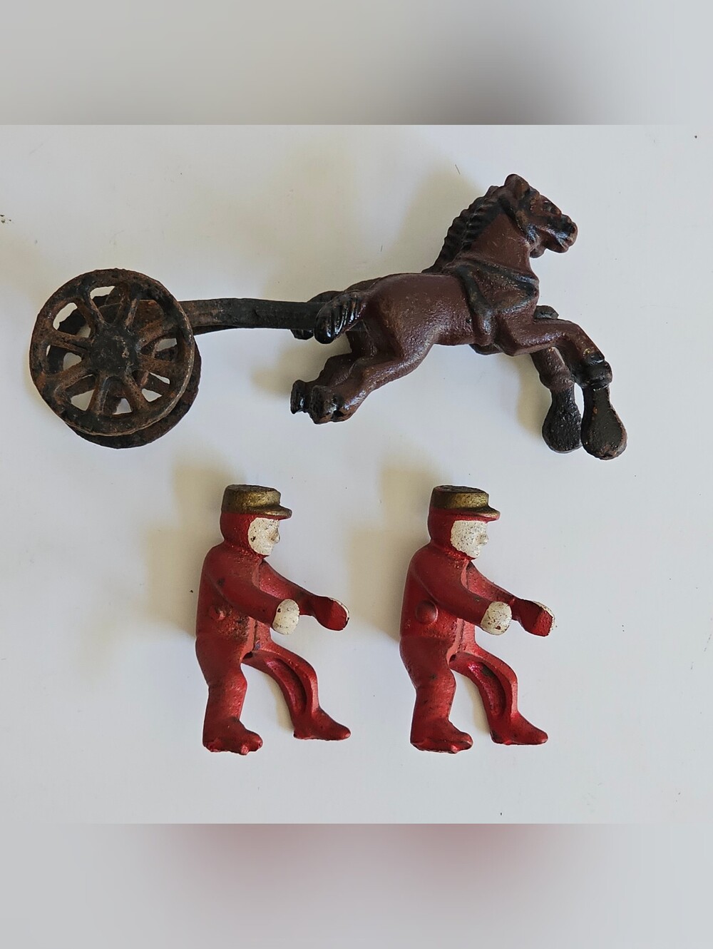 Vintage Cast Iron Toy 2-Horse Team & Cannon Plus 2 Seated Replacement Drivers